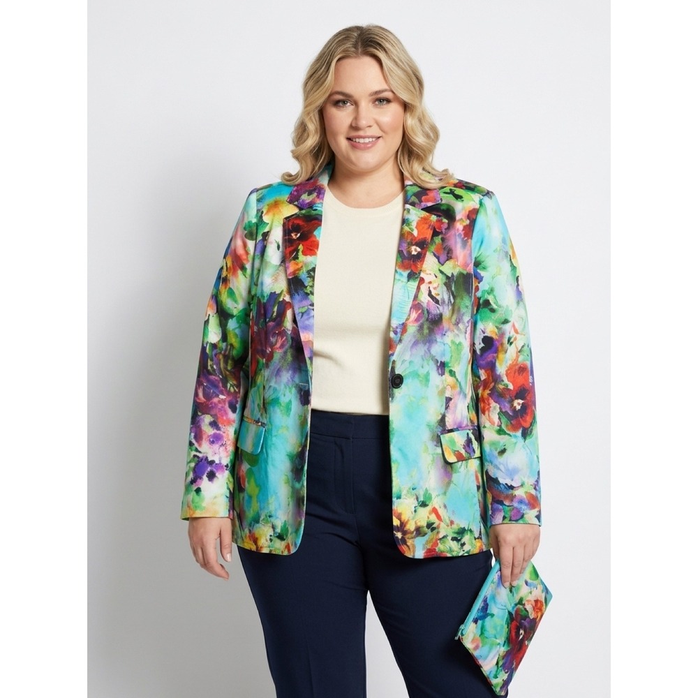 Women's Marc Bouwer Unlimited  Blue Floral Watercolor Print Button Blazer 1X